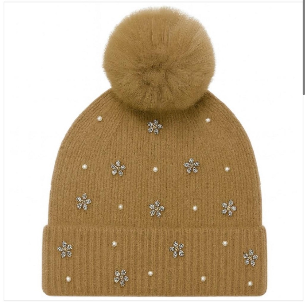 Elegant Nude Beanie with Pom-Pom and Floral Accents